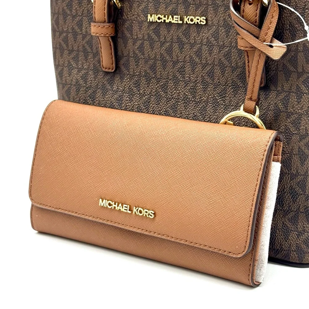 Michael Kors JST XS Logo TZ Tote Bag & Matching Trifold Wallet Signature Brown